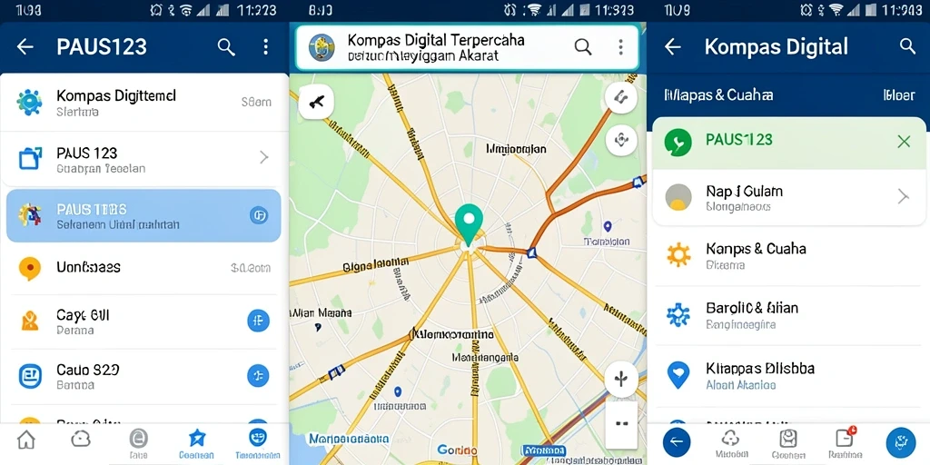Screenshot utama PAUS123 menampilkan kompas digital dan peta navigasi.
