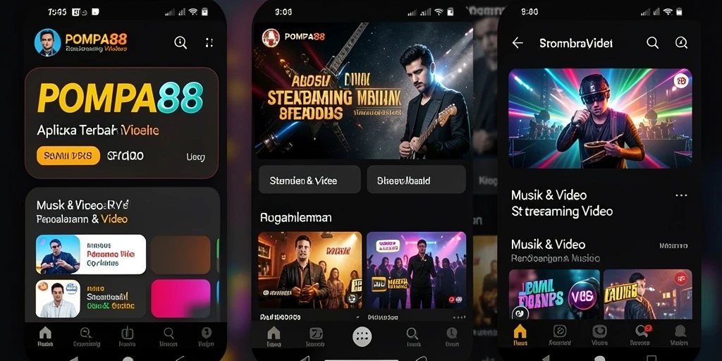 Antarmuka POMPA88 menampilkan berbagai konten musik dan video streaming.